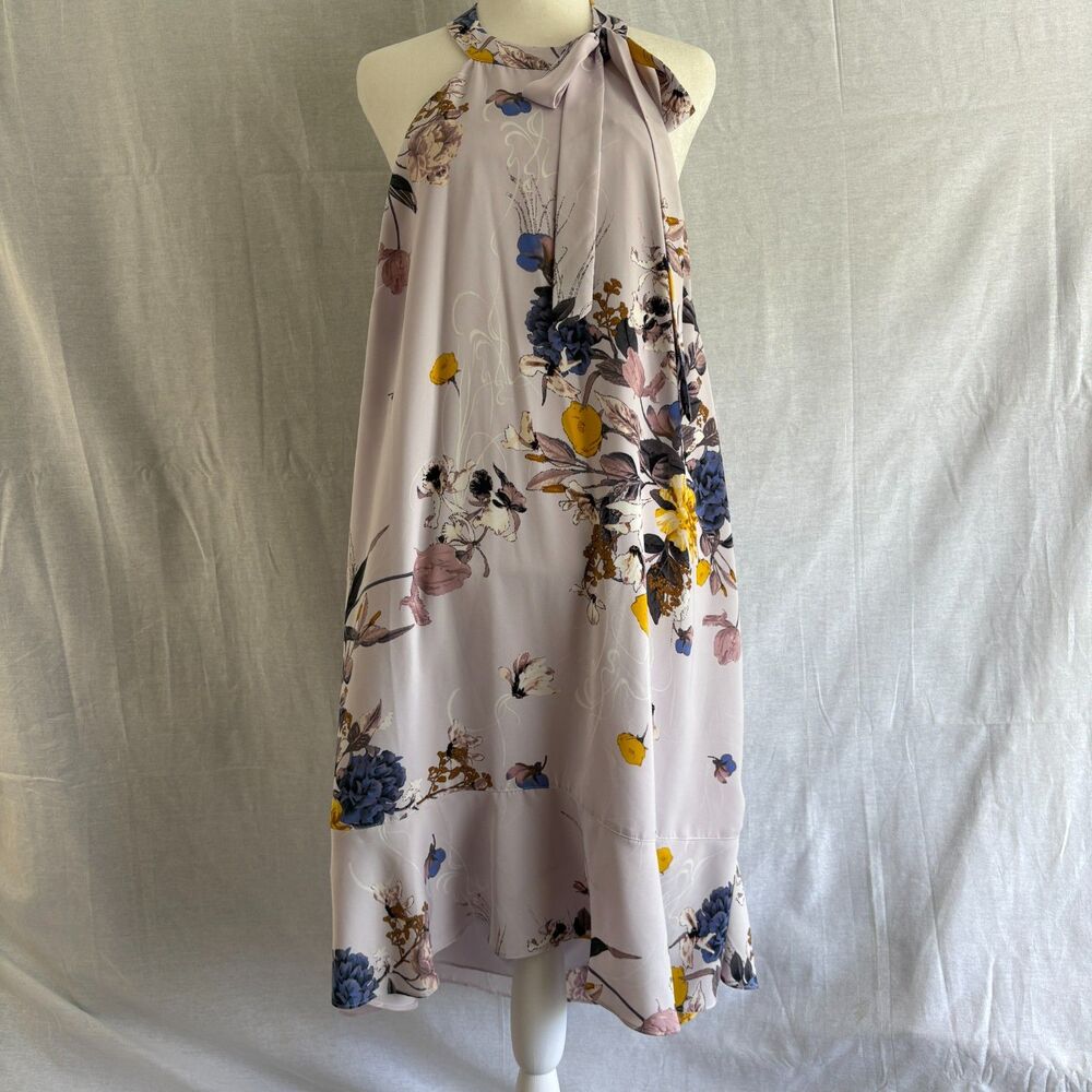 Golden Nordstrom Floral Halter Dress XL Open Back High Low Midi